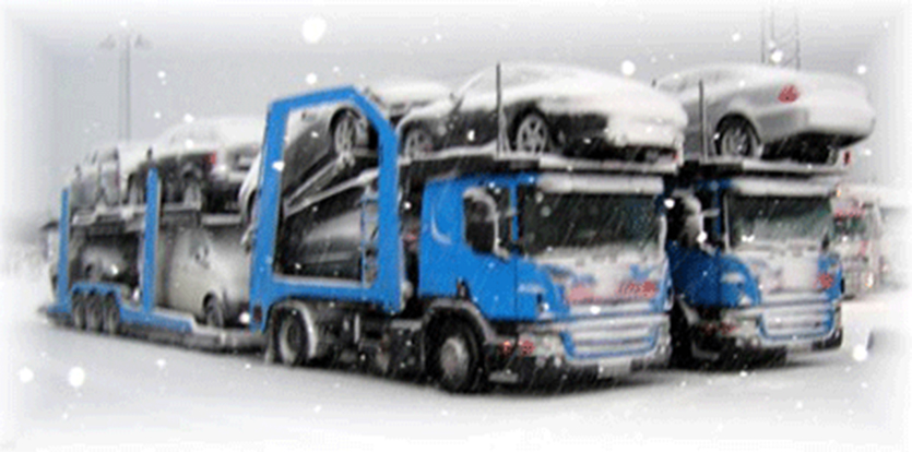 Schneebedeckte Lkws beladen mit Autos